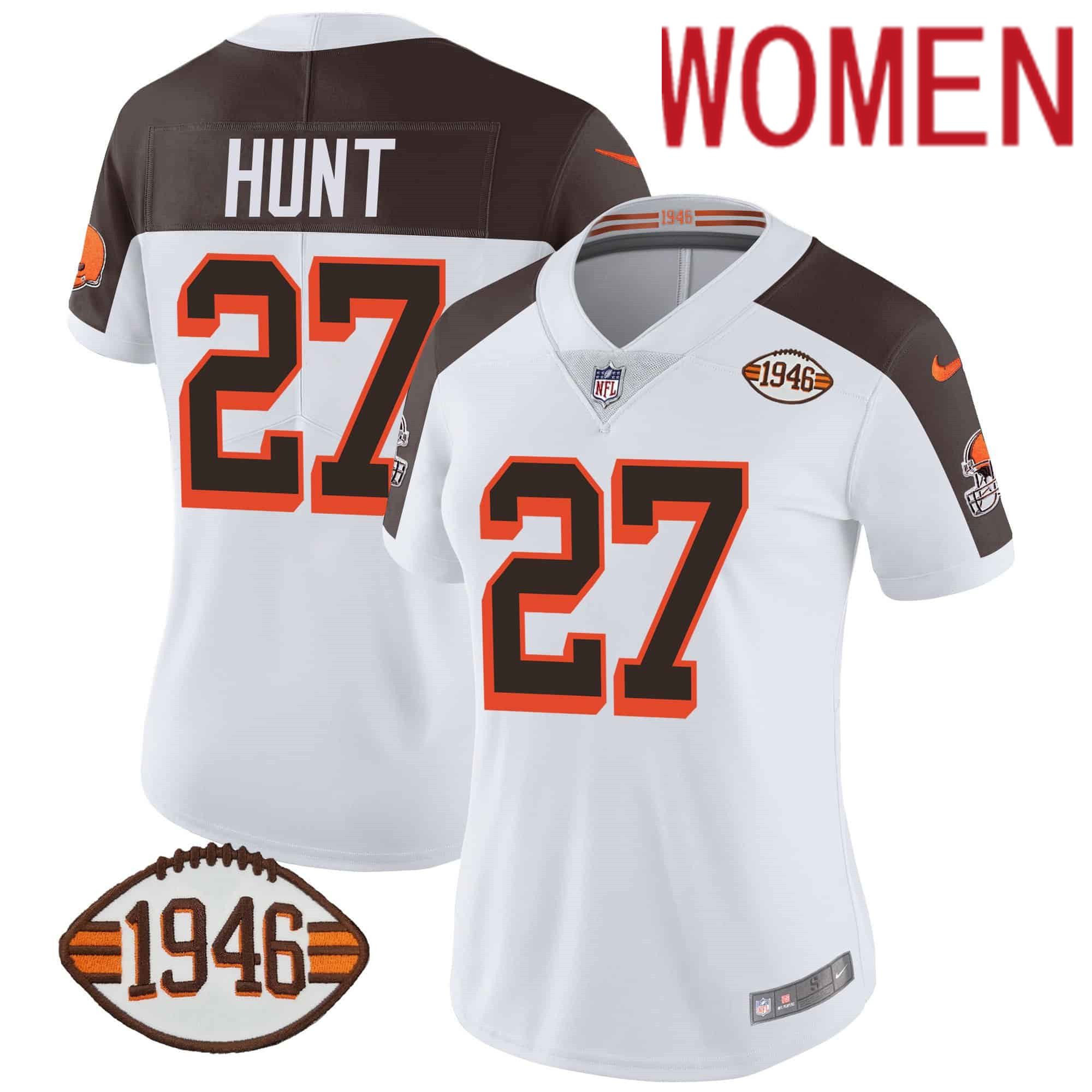 Women Cleveland Browns #27 Hunt White 1946 75th Anniversary Patch 2024 Nike NFL Jersey style 1